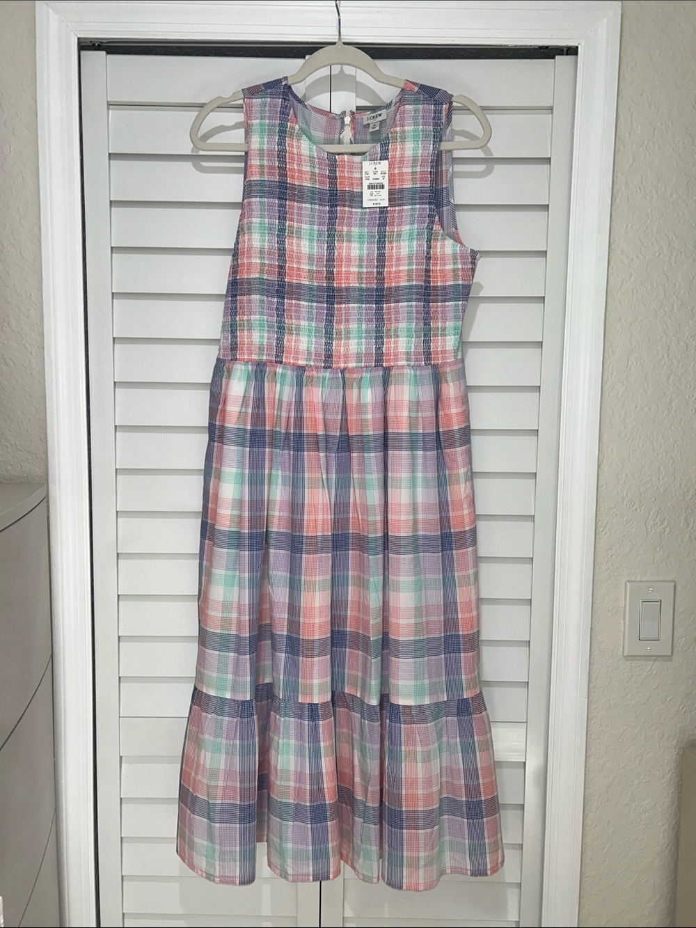 J. Crew Pastel Plaid Smocked Maxi Dress - Pink, Blue & White